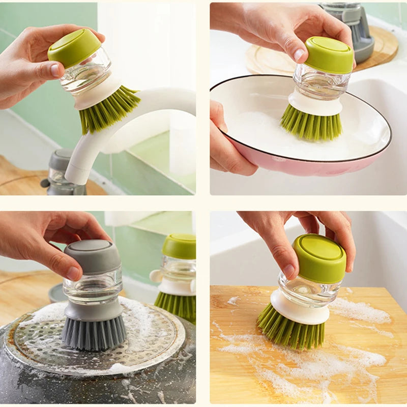 Dish Brush with Soap Dispenser Palm Brush Dish Washing Kitchen Scrub Brushes with Holder Drip Tray